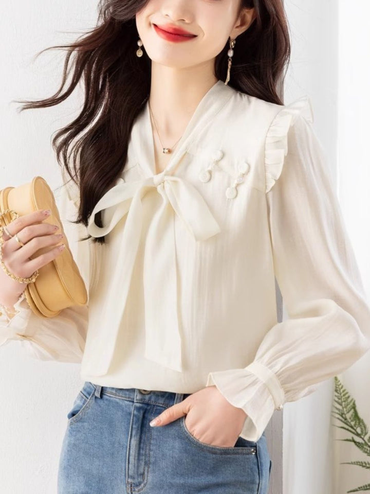Chic Bow Chiffon Shirt - Green