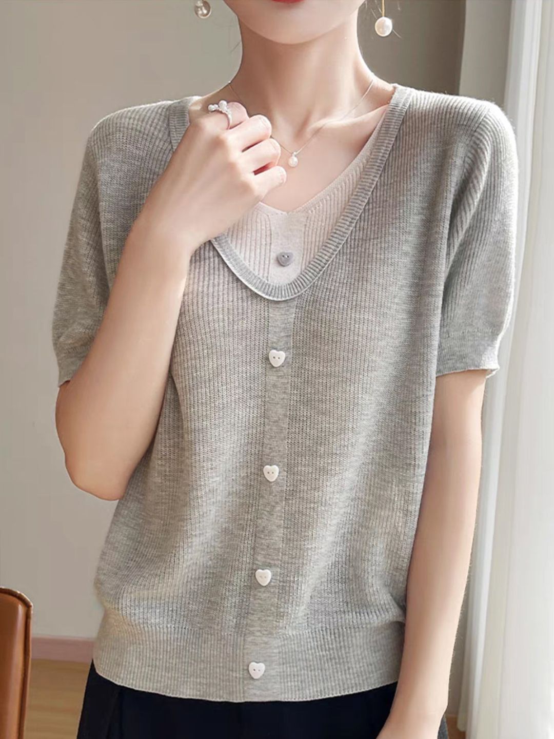 Casual V-neck Patchwork Knitted Top