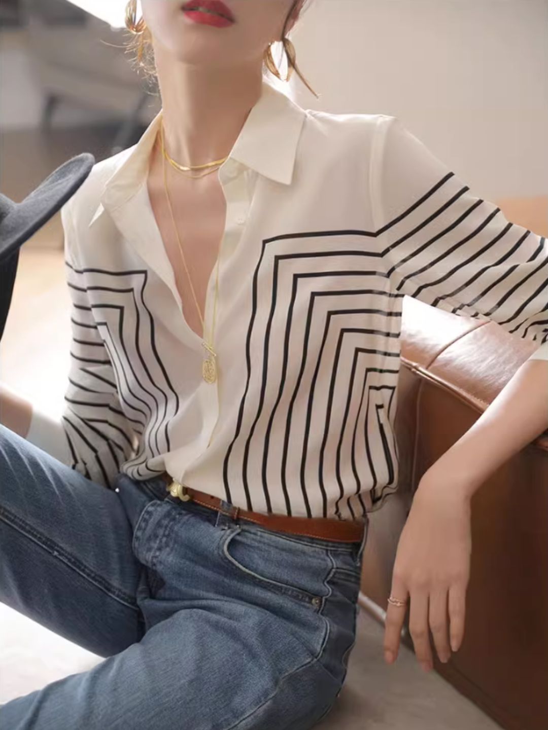 Temperament Striped Shirt Long Sleeve Top