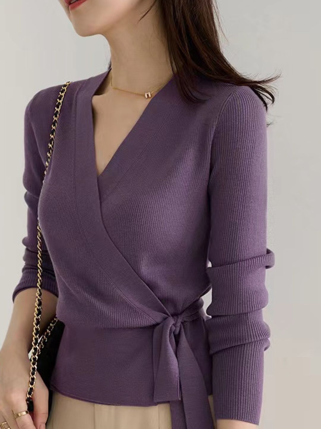 Crossover V-neck Tie Sweater