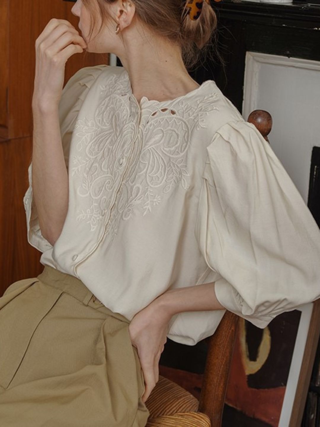 Lantern Sleeve Embroidered Shirt