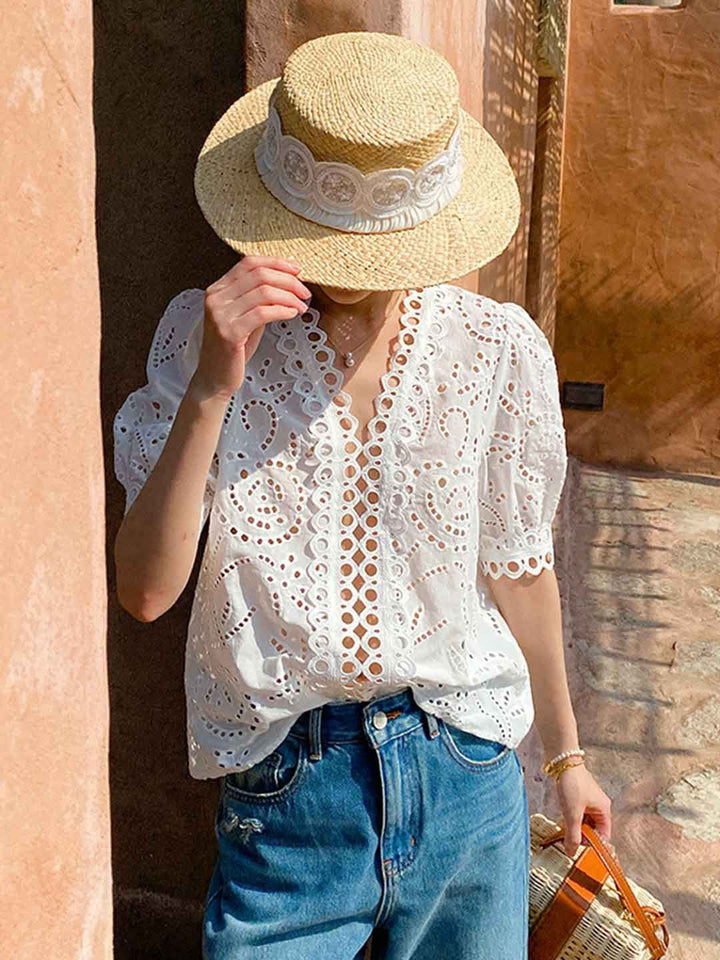 Classic V-neck Embroidered Top