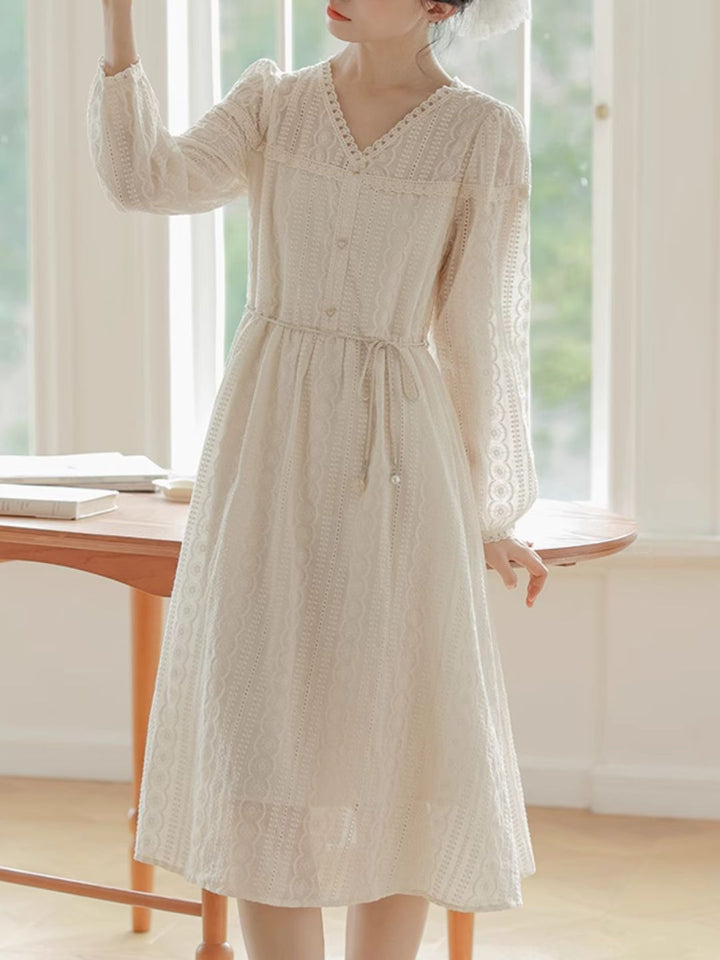 V-Neck Hook Flower Embroidery Dress
