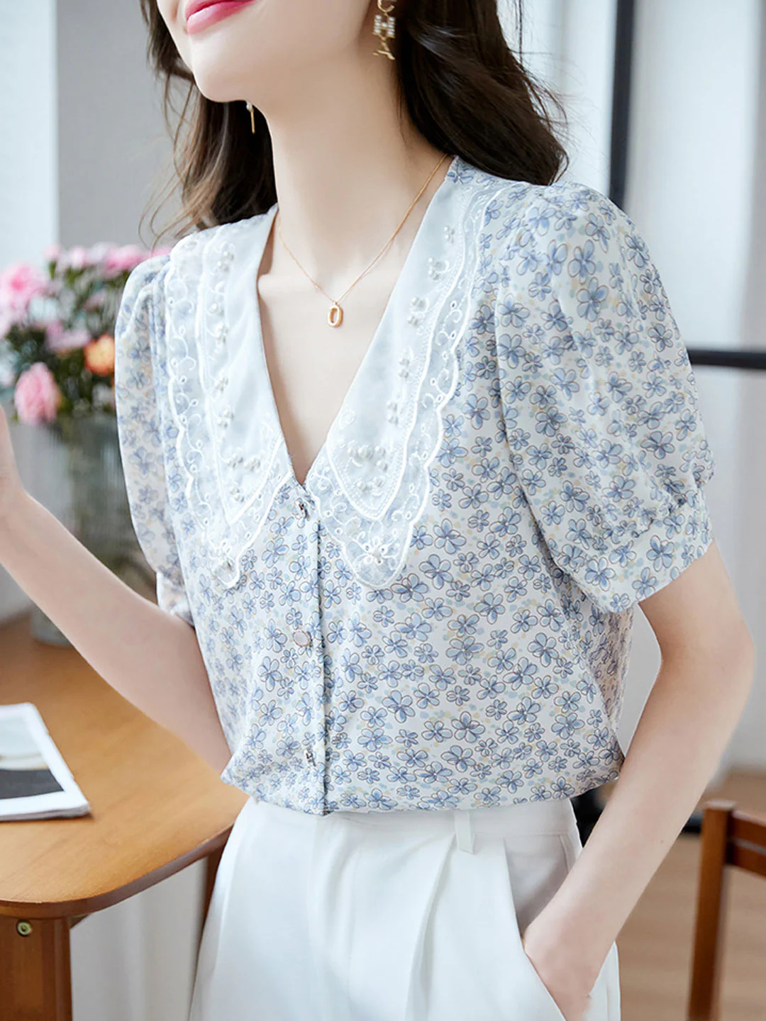 Classic Floral Printed Beaded Chiffon Shirt -Pink