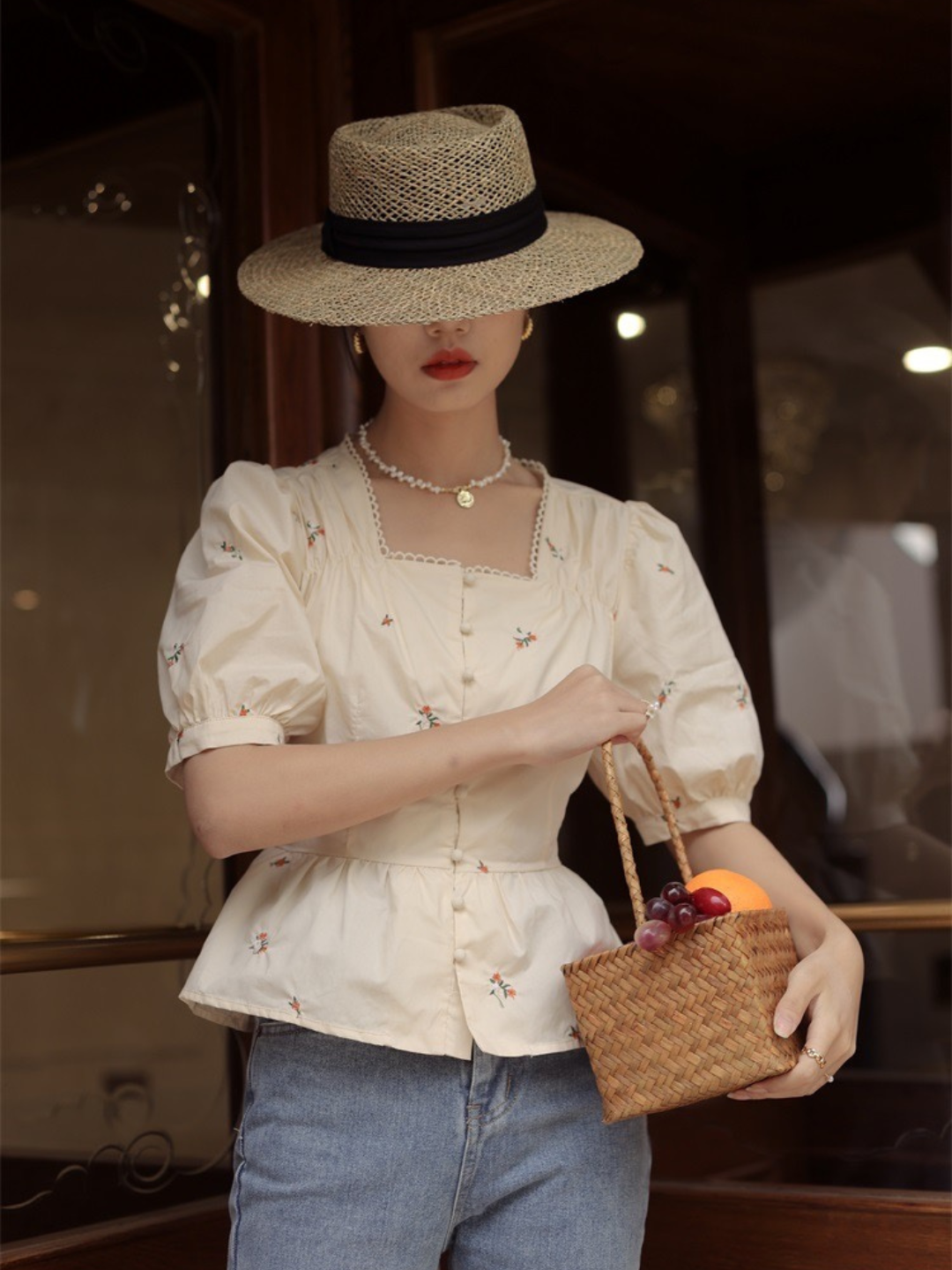 Square Neck Short Sleeve Embroidered Shirt