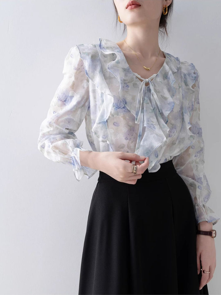 Elegant V-Neck Printed Chiffon Top