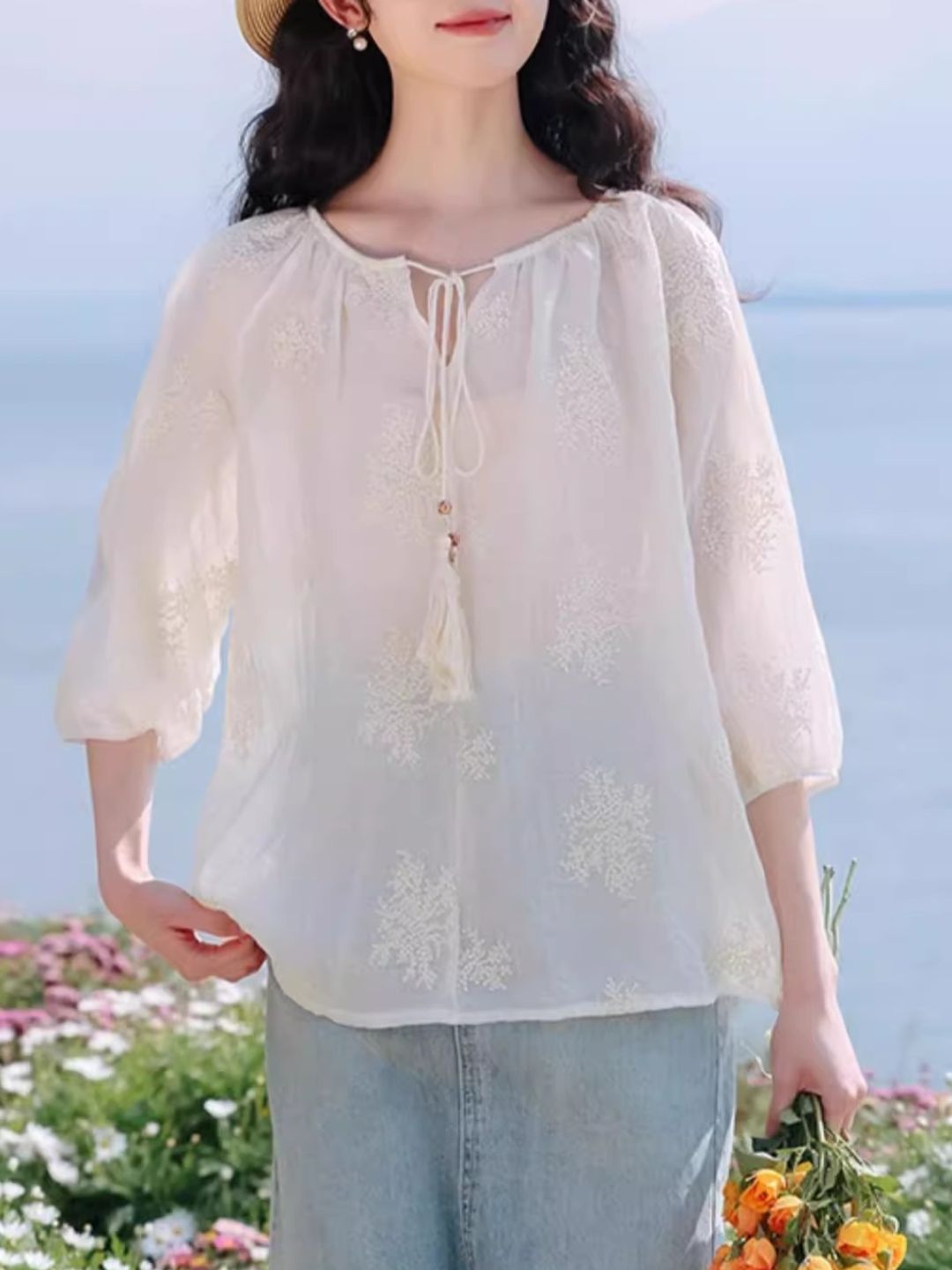 Embroidered Tassel Tie Top