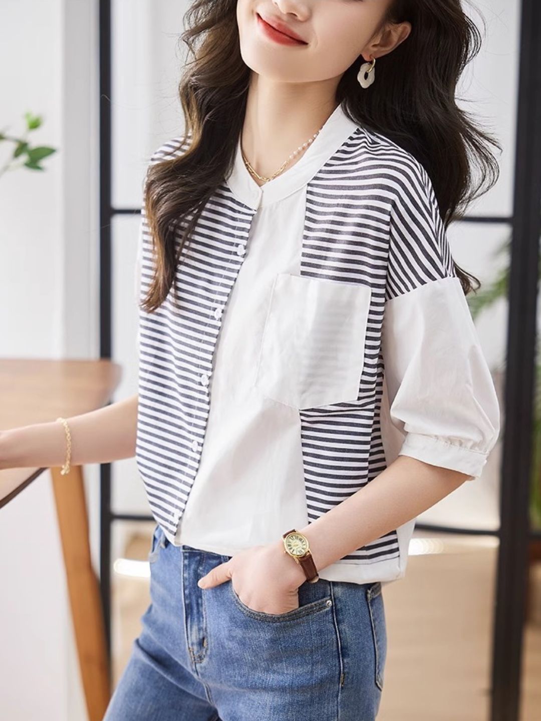 Paneled Striped Top - White