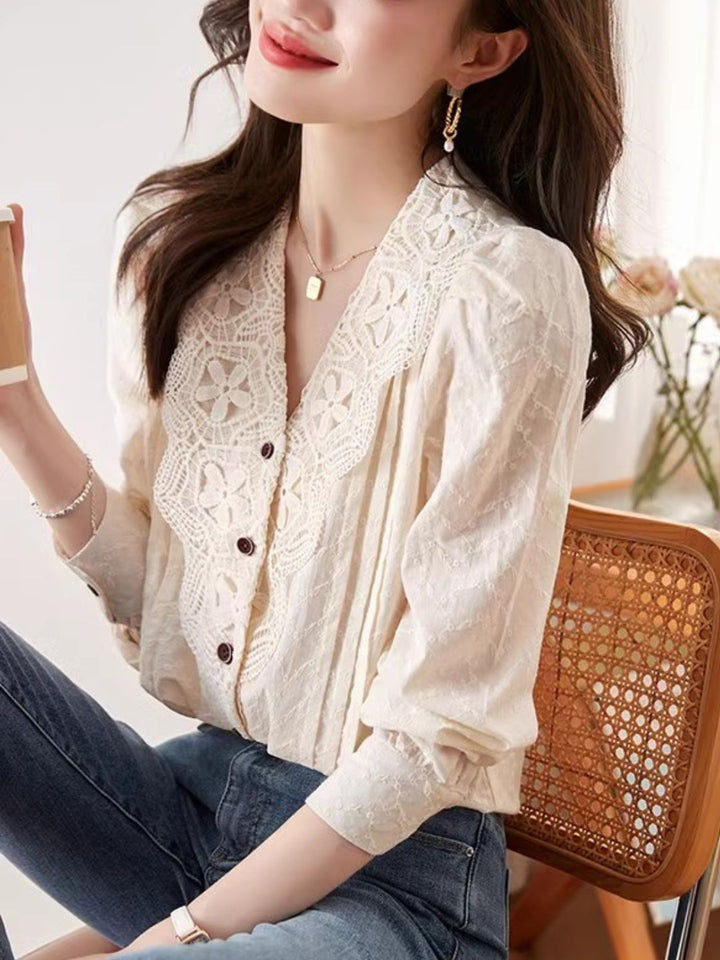 V-neck Lace Shirt Long Sleeve Top