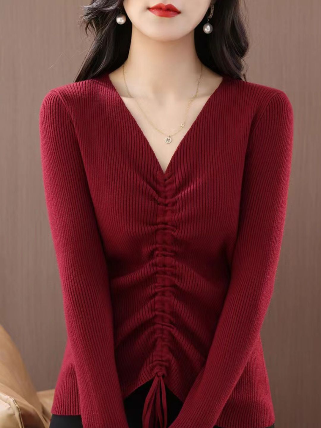 V-neck Drawstring Sweater