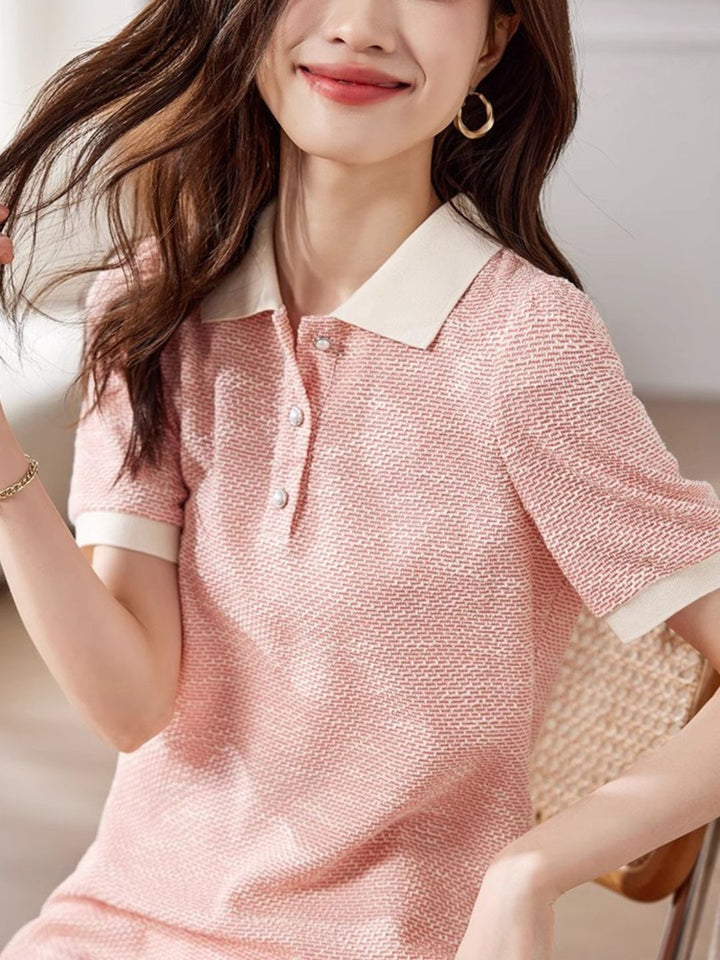 Contrast Color Lapel Textured Short Sleeve Dress