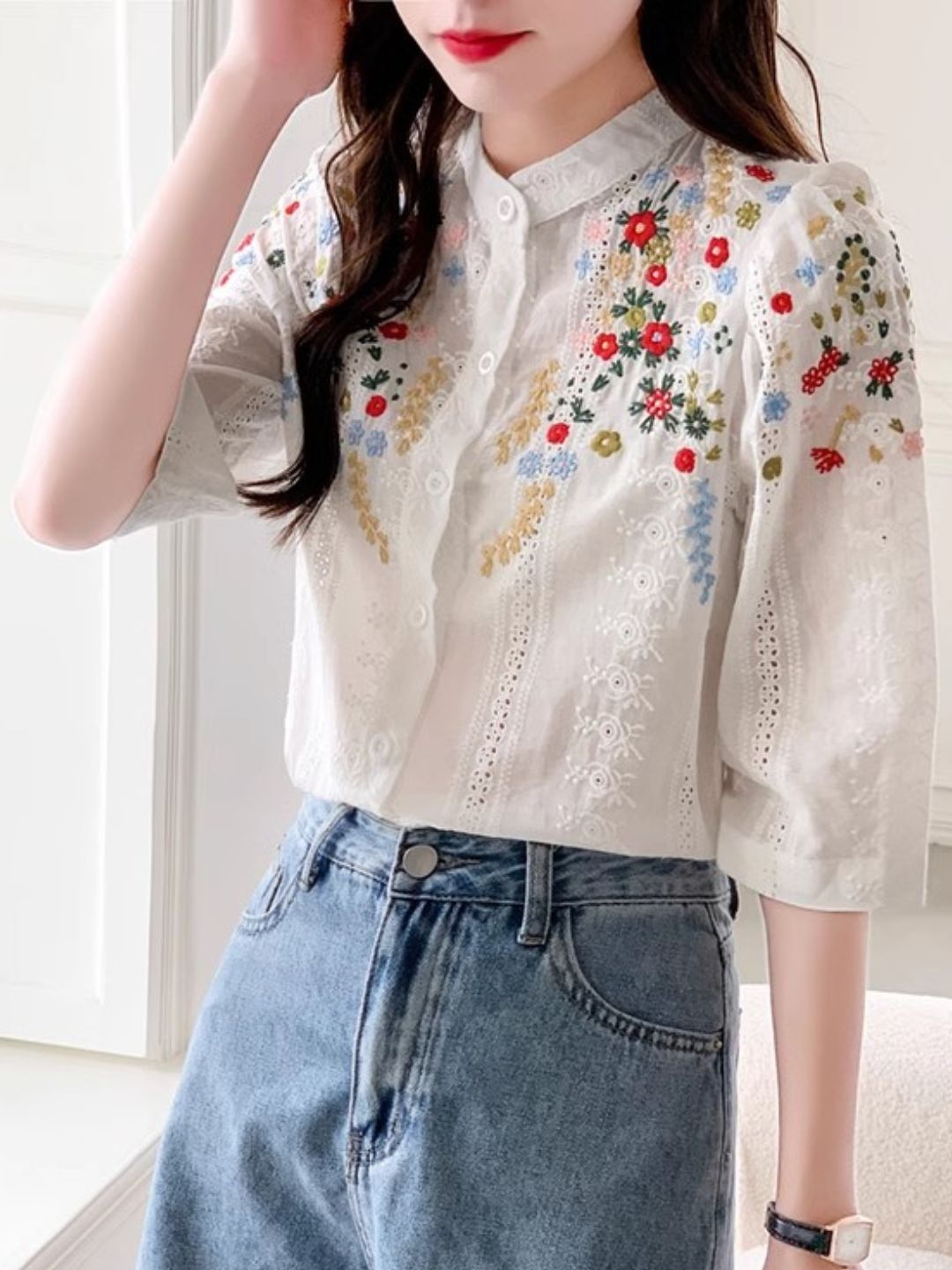 Embroidered Jacquard Stand Collar Shirt - Yellow