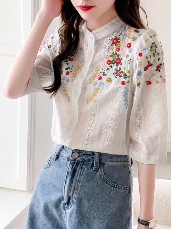 Embroidered Jacquard Stand Collar Shirt - Yellow