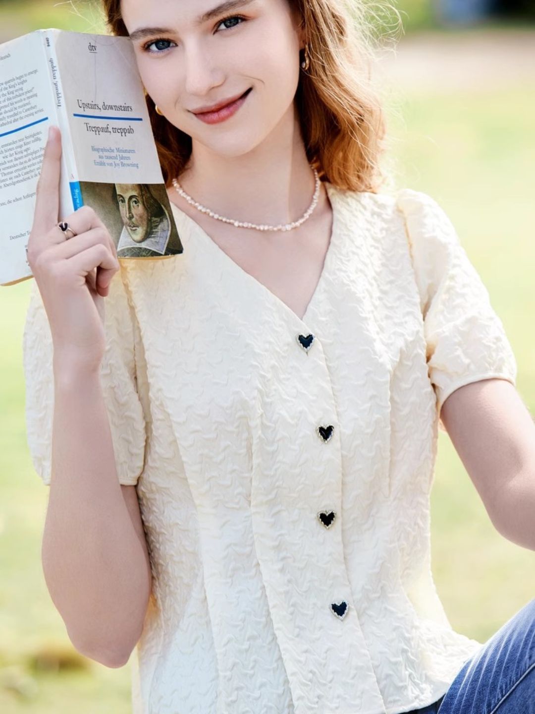 Heart Button V-neck Shirt