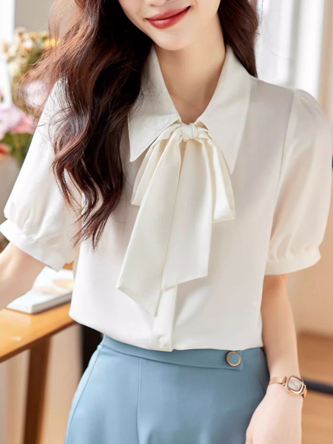 Classic Bow Chiffon Shirt - White
