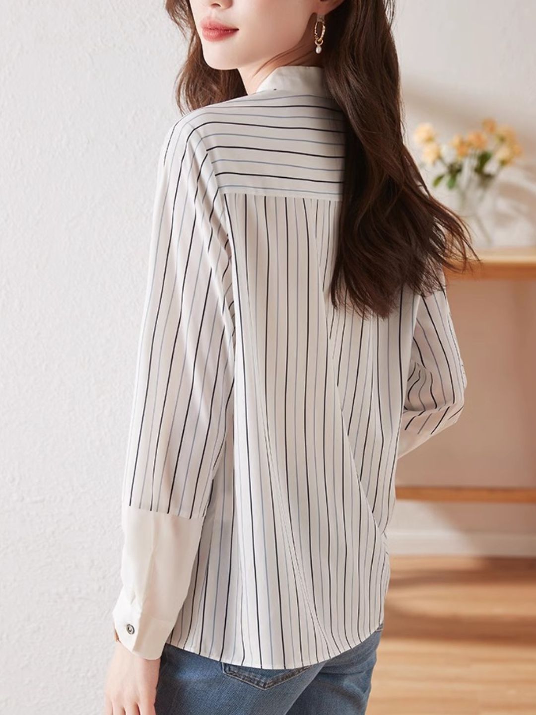 Striped Stand Collar Chiffon Shirt