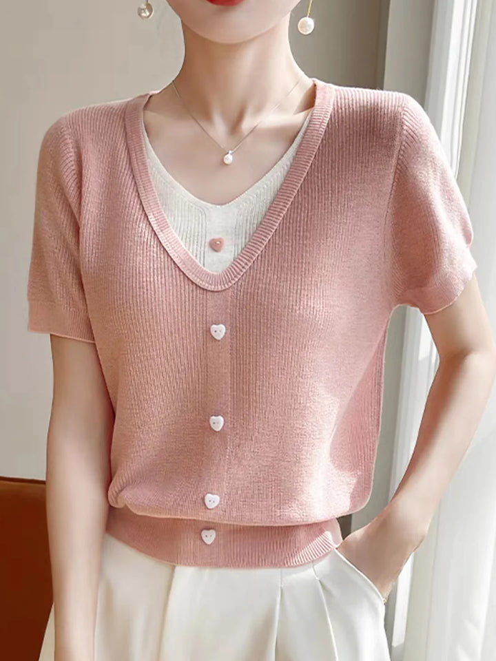 Casual V-neck Patchwork Knitted Top