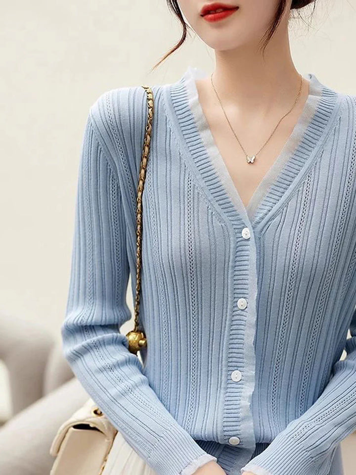 Vintage V-Neck Knitted Cardigan -Blue