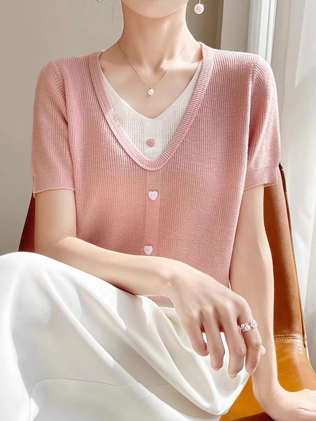 Casual V-neck Patchwork Knitted Top
