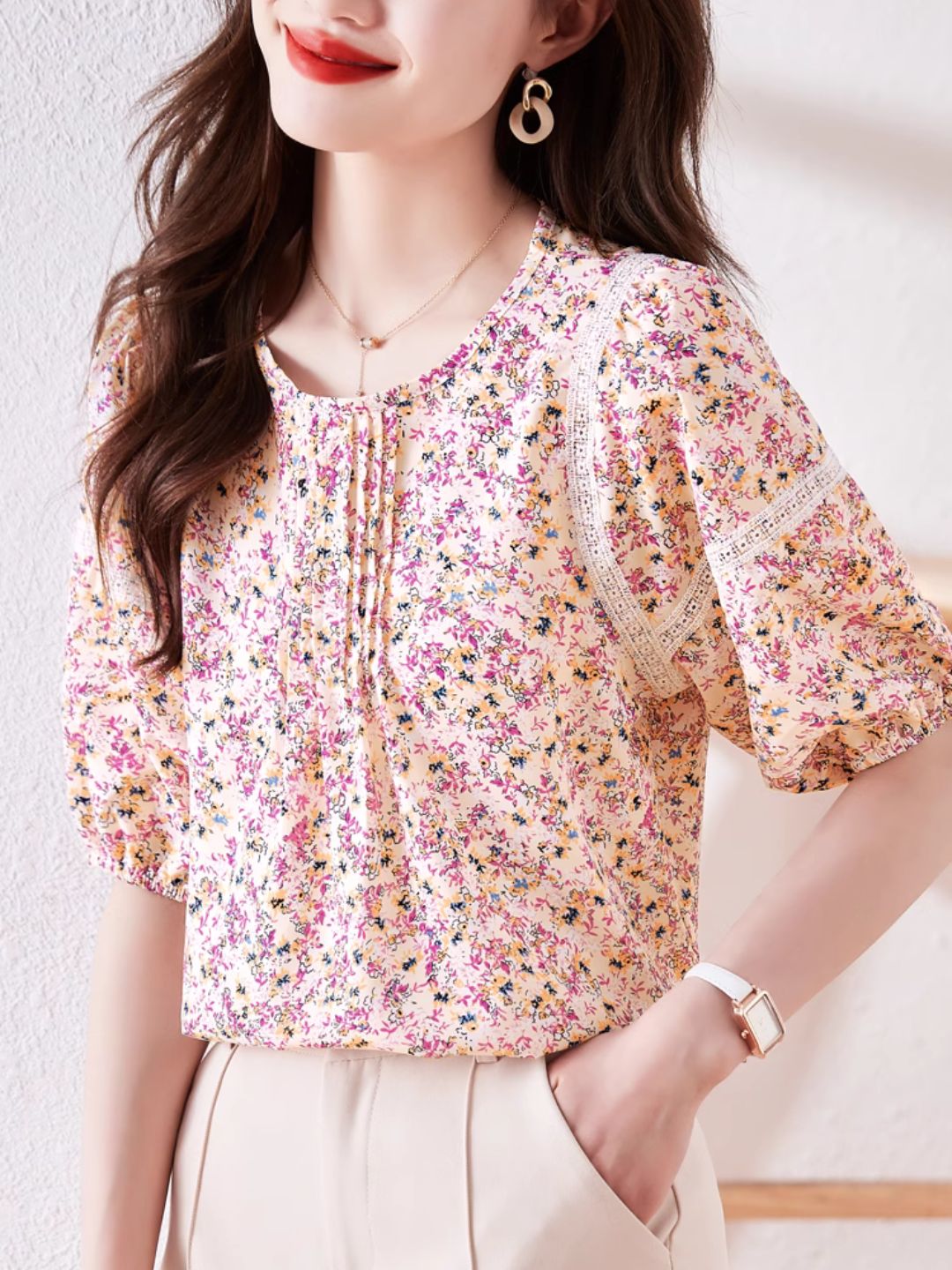 Round Neck Floral Puff Sleeve Chiffon Shirt - Green