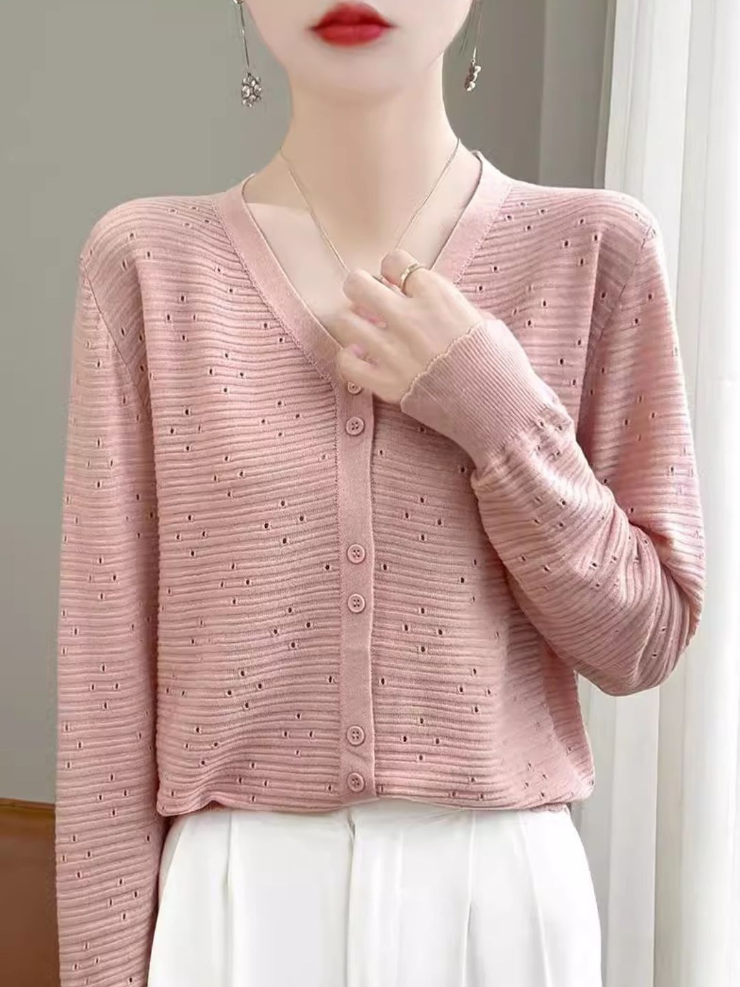 Long Sleeve V-Neck Top Hollow Knit Cardigan