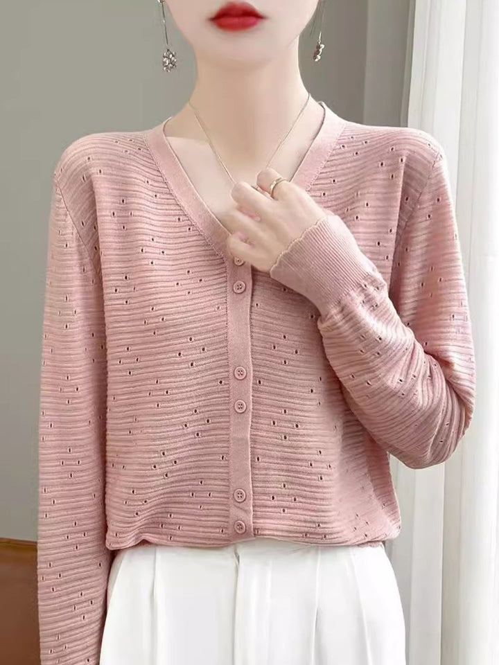Long Sleeve V-Neck Top Hollow Knit Cardigan