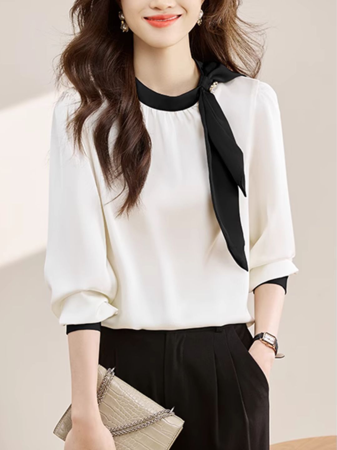 Gentle Colorblock Collar Bowknot Ribbon Top