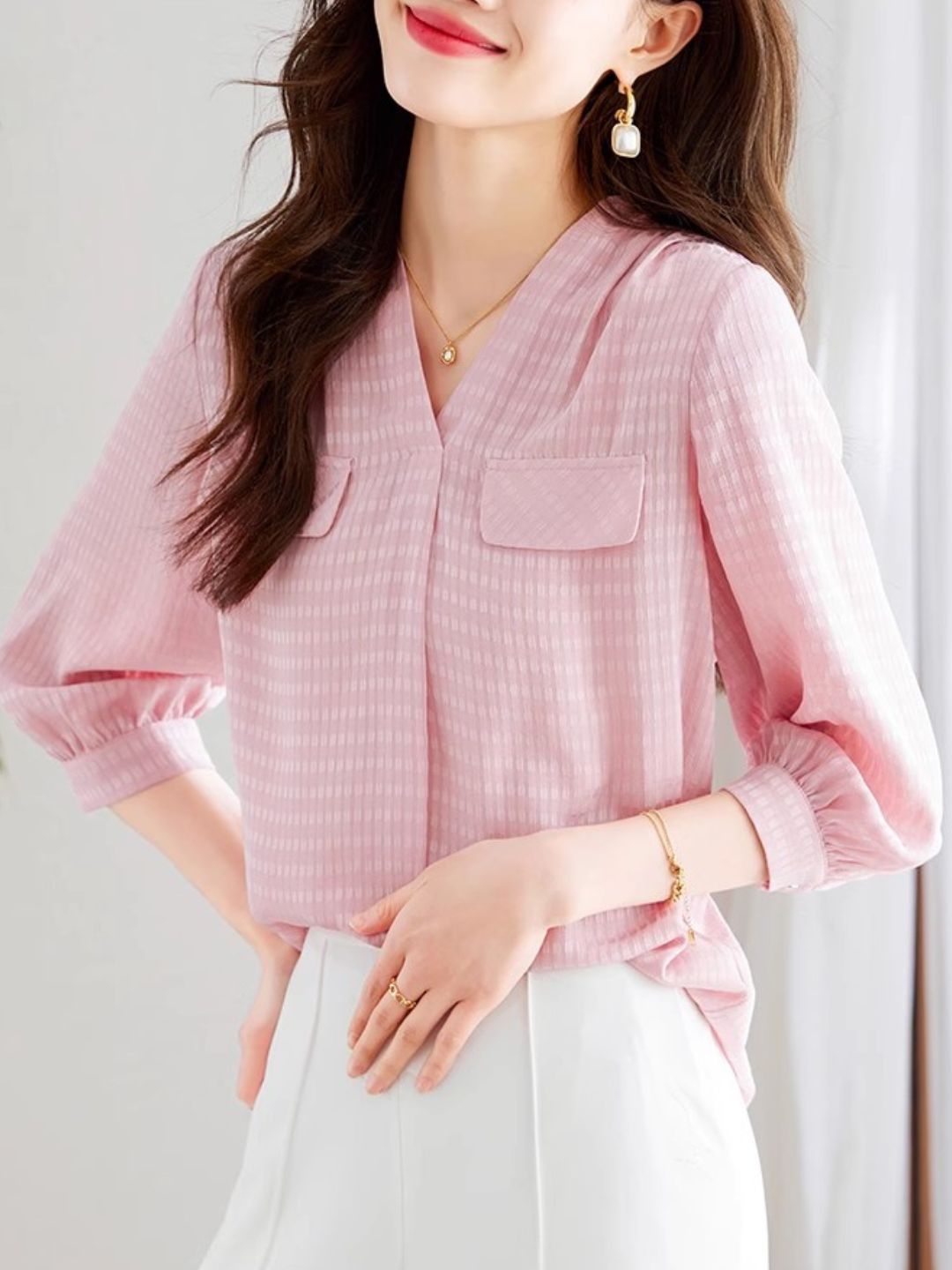 V-neck Chiffon Shirt Pink