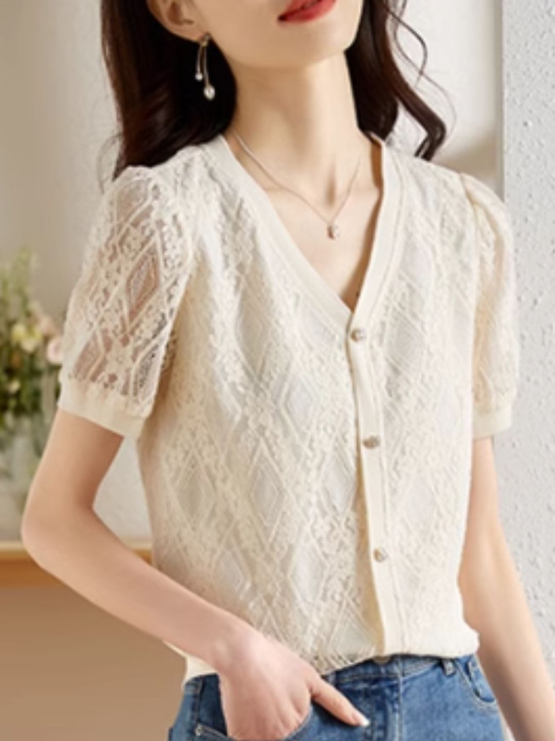 Elegant Lace Hollow V-Neck Top