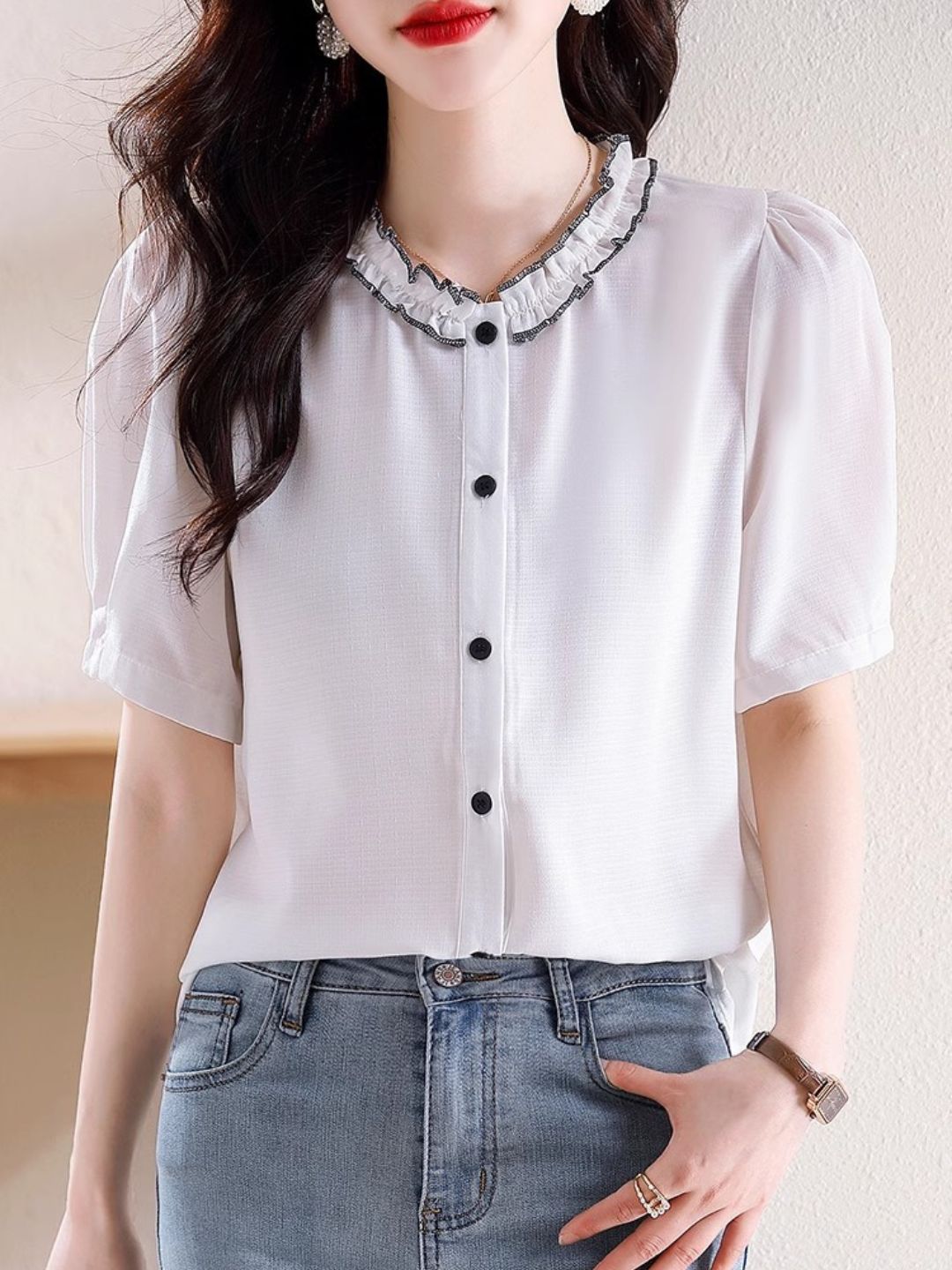 Versatile Chiffon Short-sleeved Shirt - Black