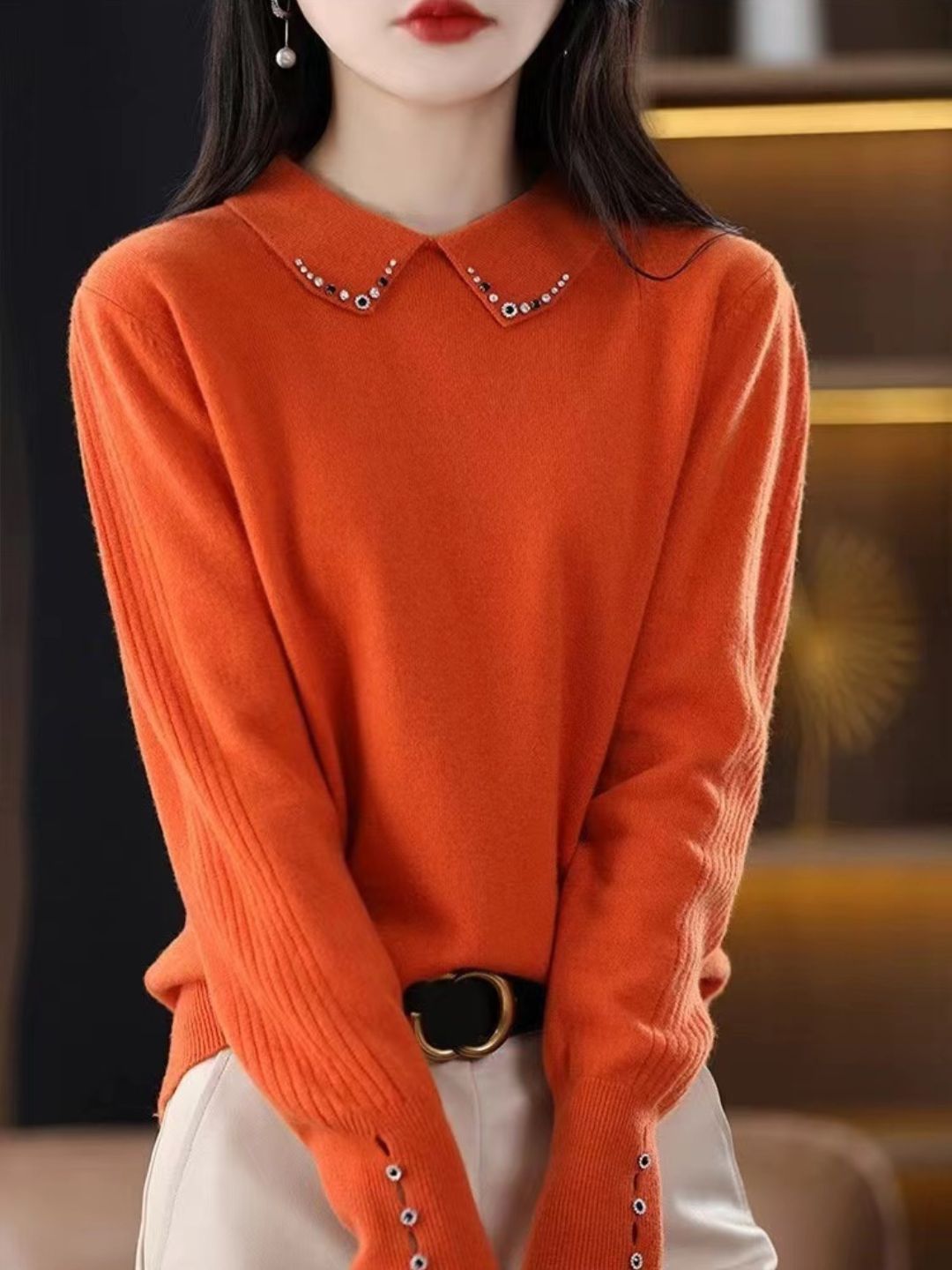 Lapel Beaded Button Sweater