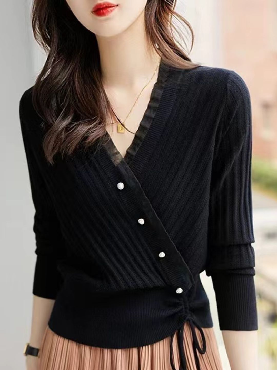 Classic Drawstring Auricular Knitted Top - Blue