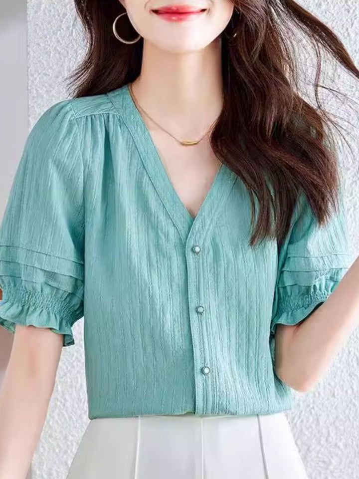 French V-neck Puff Sleeve Shirt - Purple