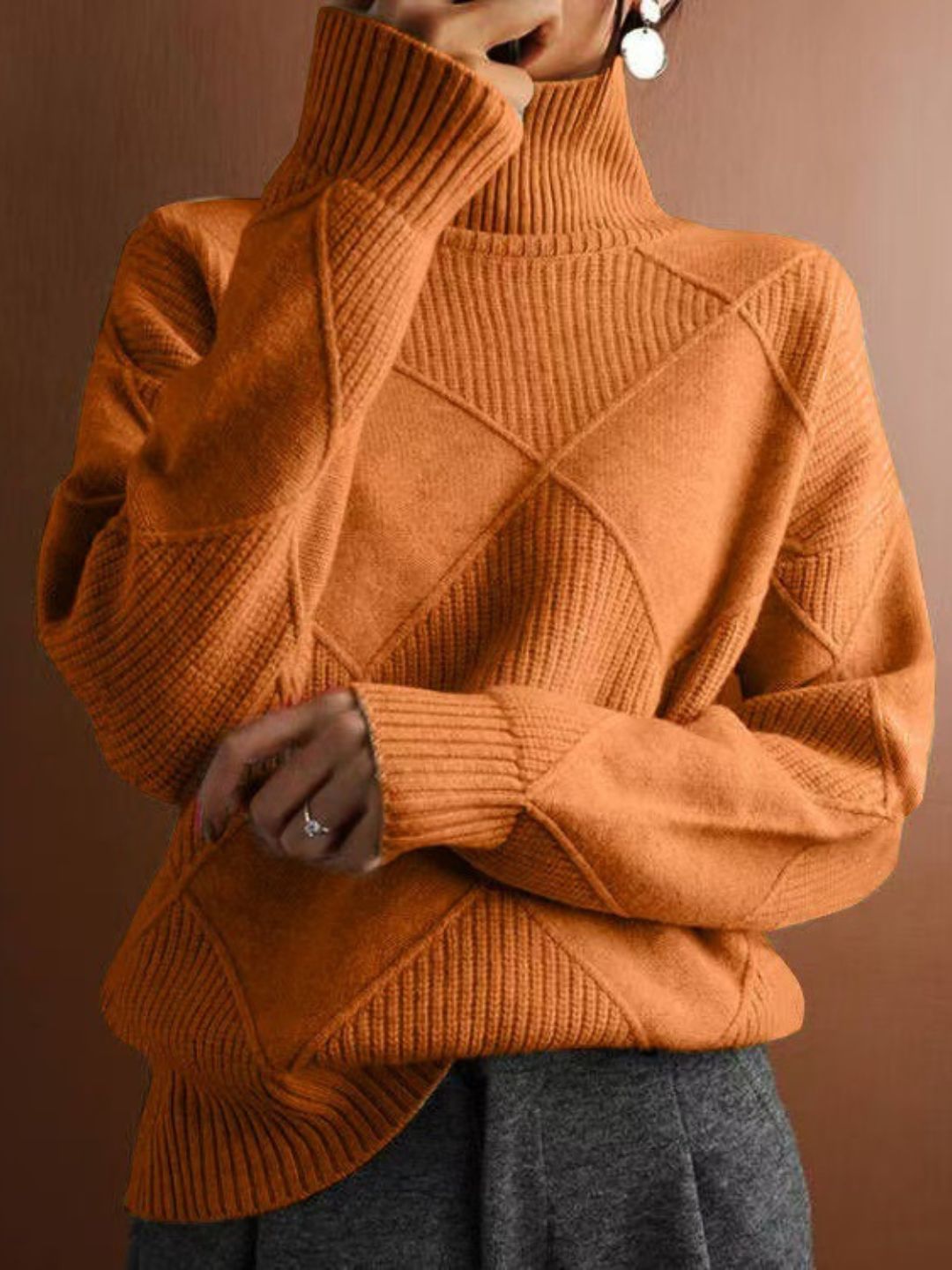 Loose Turtleneck Solid Color Knitted Sweater - Coffee