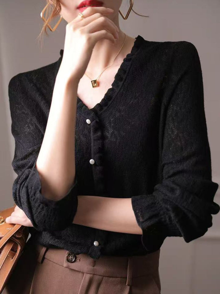 Hollow Fungus Lace V-Neck Top - Black