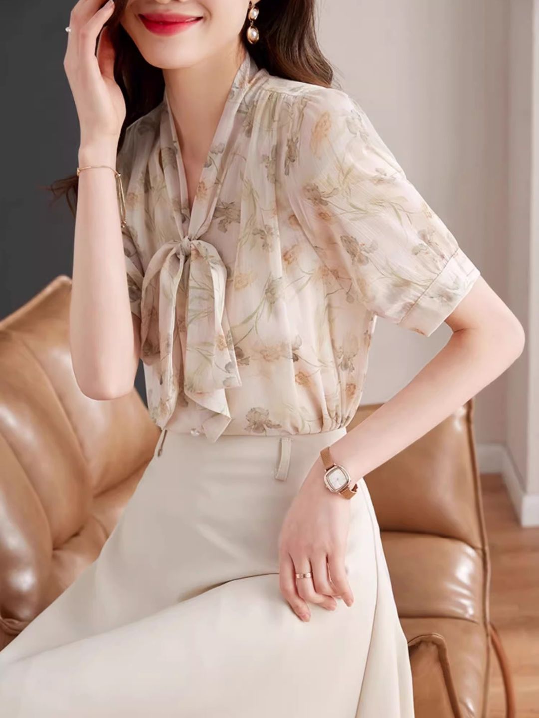 Bow Tie Floral Chiffon Shirt