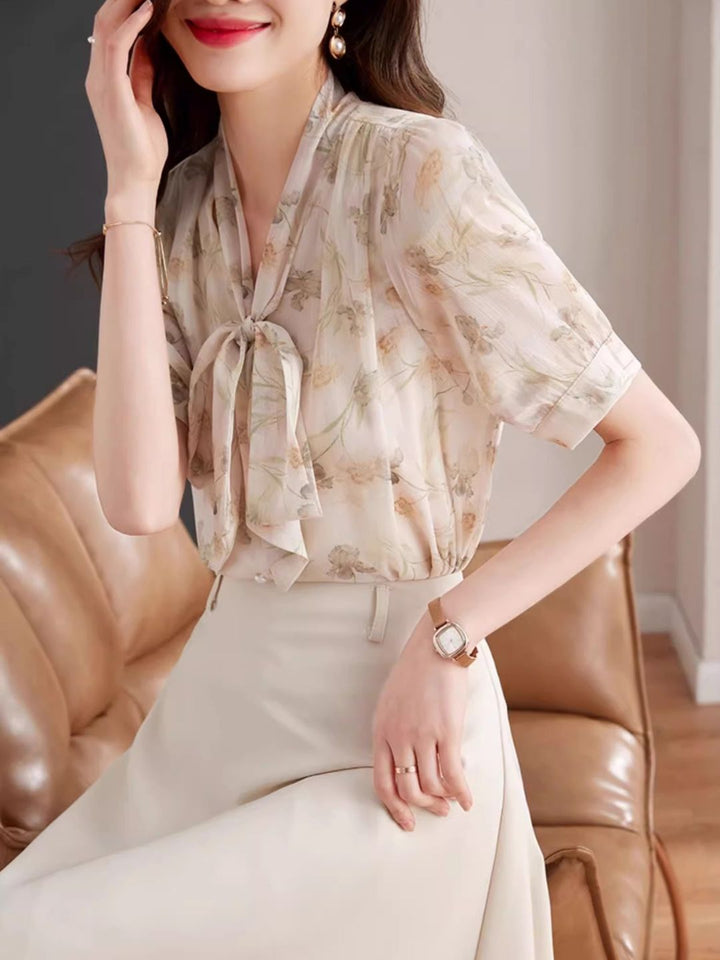 Bow Tie Floral Chiffon Shirt