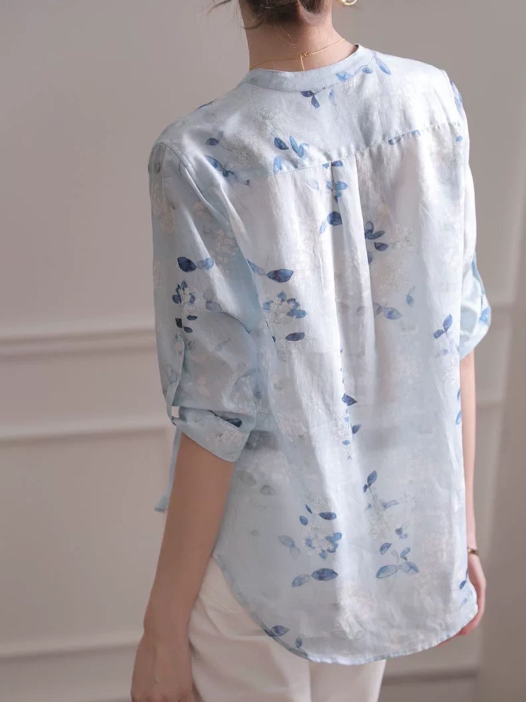 Chiffon Cotton and Linen Blue Floral Shirt