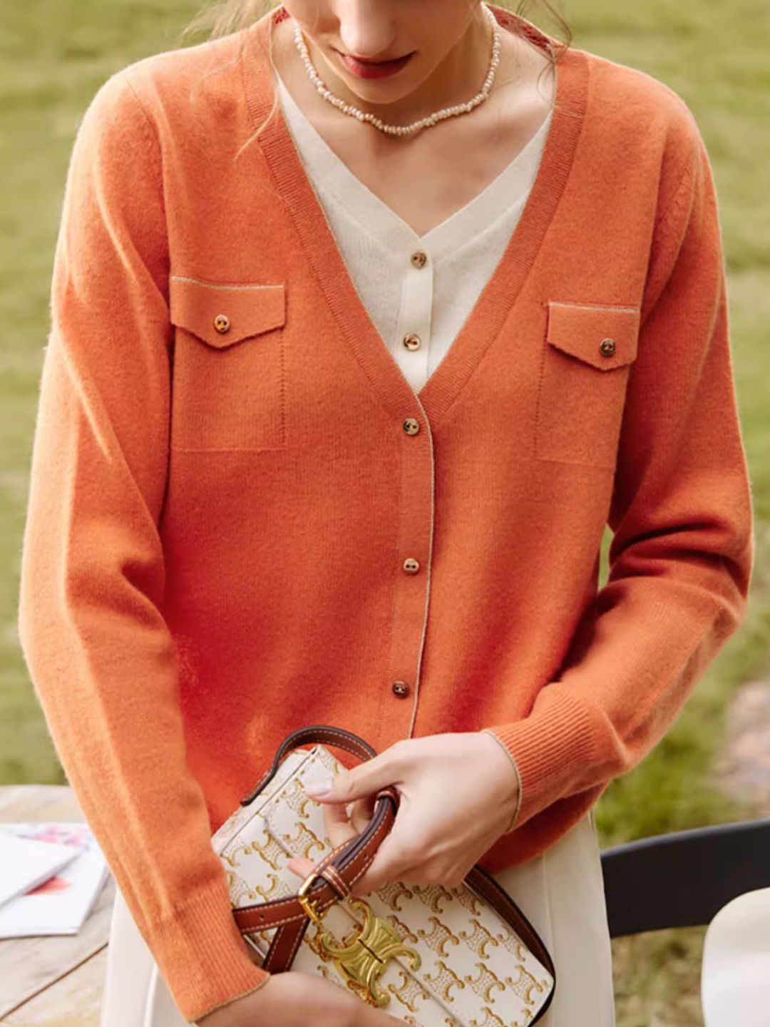 French Orange Lazy Style V-Neck Sweater