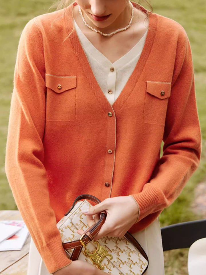 French Orange Lazy Style V-Neck Sweater