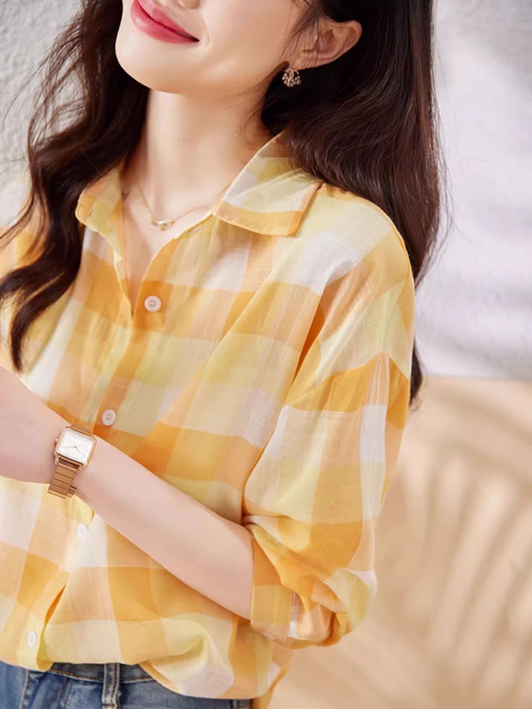Plaid Chiffon Long Sleeve Shirt