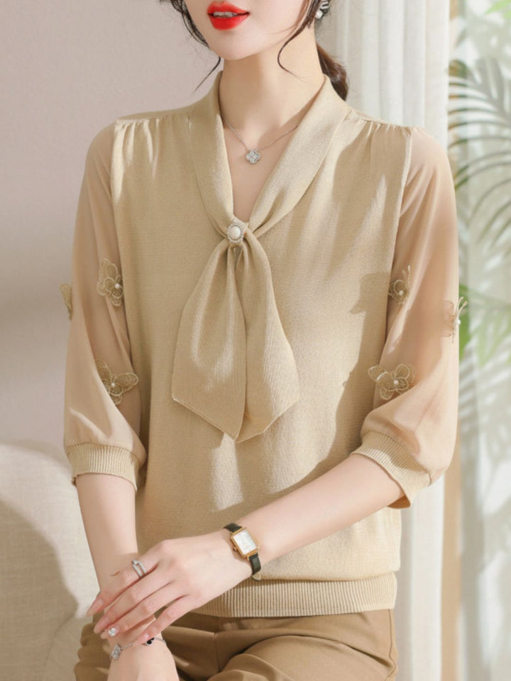 Ribbon Scarf Collar Gauze Sleeve Knitted Top