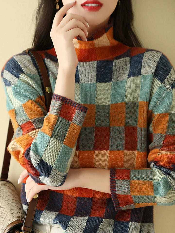Loose Turtleneck Plaid Knitted Sweater