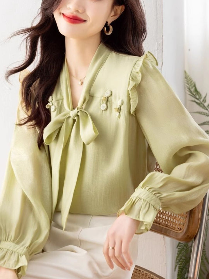 Chic Bow Chiffon Shirt - Green