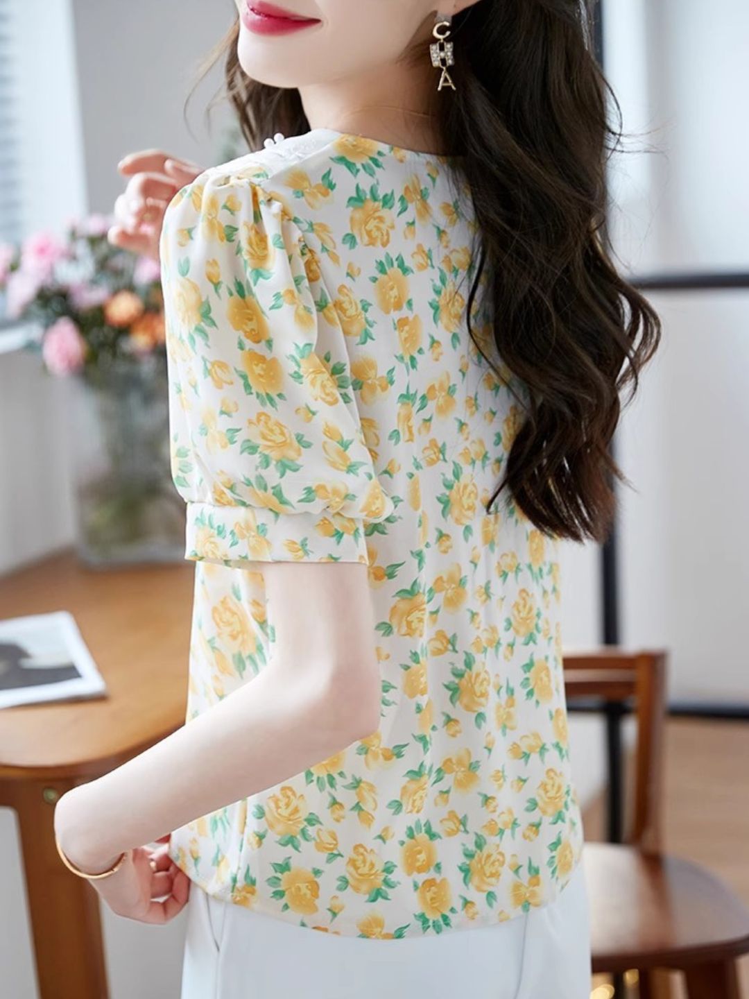 Classic Floral Printed Beaded Chiffon Shirt -Pink