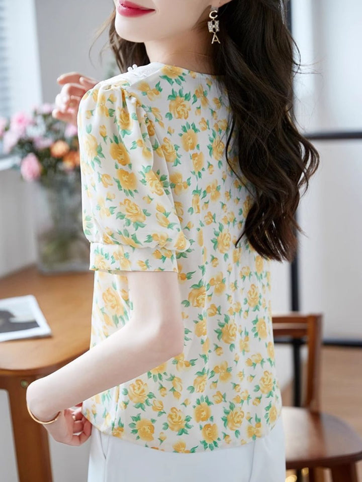 Classic Floral Printed Beaded Chiffon Shirt -Pink