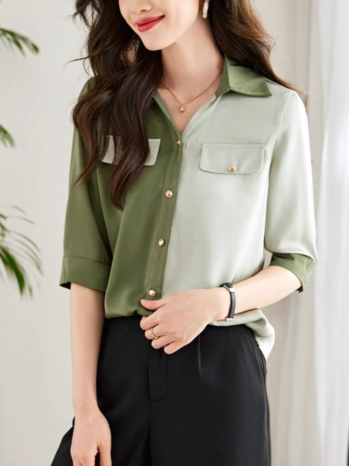 Versatile Contrast Color Shirt-Green