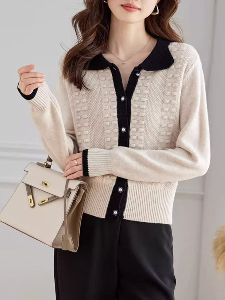 Retro Lapel Contrasting Knitted Cardigan