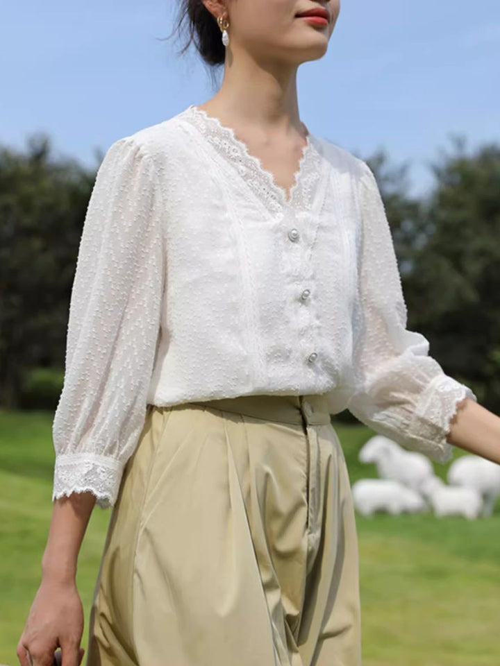 V-neck Chic Lace Chiffon Shirt