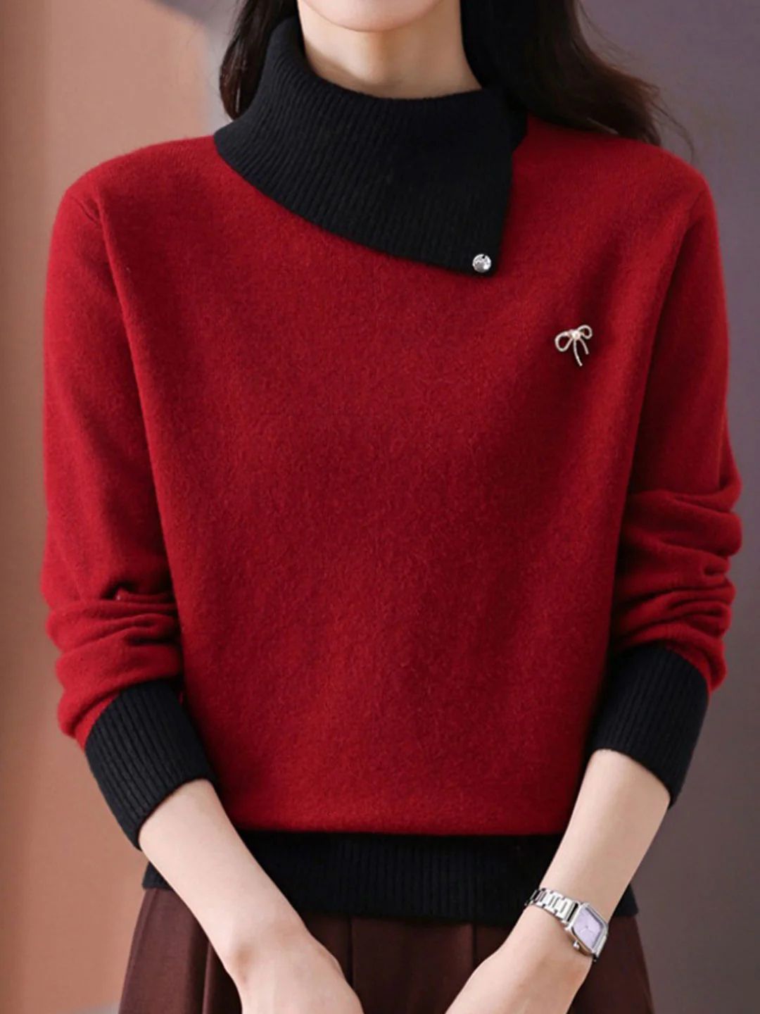 Classic Turtleneck Contrasted Panelled Knitted Sweater